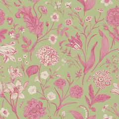 Seamless vector vintage floral pattern. Classic illustration. Mint and pink. Toile de Jouy