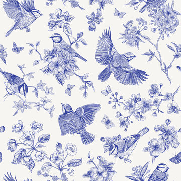 Seamless pattern. Classis vintage illustration. Blossom garden with tits. Birds and flowers. Chinoiserie
