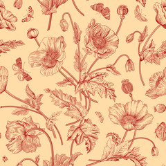 Vintage floral illustration. Seamless pattern. Poppies with butterflies. Red and beige