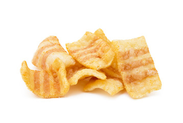 Fried wheat-potato snack with smoked bacon flavor isolated on white background