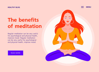 Red-haired girl levitates in the lotus position. Meditation and yoga. Website template and landing page. Vector flat illustration