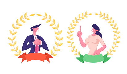 Best Worker Employee Concept. Business Man and Woman Managers Inside of Golden Award Gold Wreath with Ribbon Winning Trophy. Most Great Results, Success. Business Cartoon Flat Vector Illustration