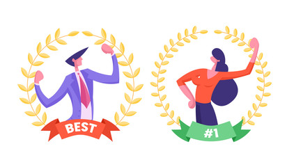 Business People Demonstrate Muscles Inside of Golden Award Wreath with Ribbon. Business Man and Woman Managers Best Worker Employee Winning Trophy. Successful Results Cartoon Flat Vector Illustration