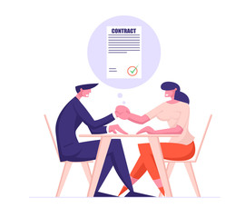 Business Partners Man and Woman Sitting at Table Handshaking after Signing Contract. Partnership of Businesspeople Meeting, Shaking Hands Agreement. Cartoon Flat Vector Illustration Line Art Style