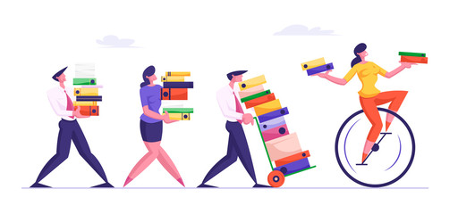 Busy Employees Loaded with Hard Work in Office. Business People Carry Huge Piles of Documentation Following Woman Riding Monowheel with File Folders in Hands. Deadline Cartoon Flat Vector Illustration © Anna Syvak