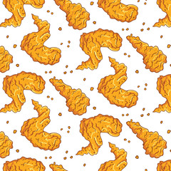 Chicken Fried Crispy Pattern. fast food background, Fried drumpstick and chicken wing background.