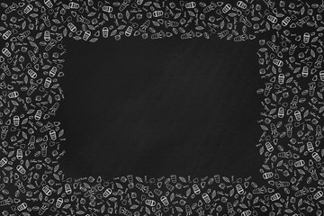 Coffee doodle illustration background on chalkboard and copy space