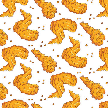 Chicken Fried Crispy Pattern. fast food background, Fried drumpstick and chicken wing background.