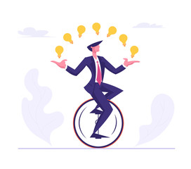 Business Man Wearing Formal Suit Riding Monowheel Juggling with Glowing Light Bulbs. Businessman Character Racing in Leadership Competition. Finance Creative Idea Cartoon Flat Vector Illustration