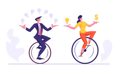 Business Man and Woman Riding Monowheel Juggling with Glowing Light Bulbs, Holding Dollar Sign. Businesspeople Racing in Leadership Competition. Finance Creative Idea Cartoon Flat Vector Illustration