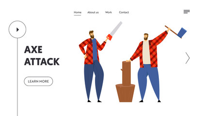 Woodcutters Website Landing Page, Couple of Lumberjack Standing in Different Poses Hold Axe and Saw in Hands. Worker Lumber with Wooden Log on Stump Web Page. Cartoon Flat Vector Illustration, Banner