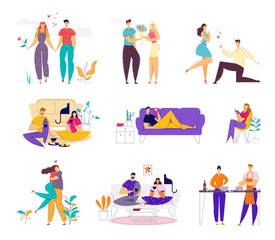 Happy Loving Couple Spend Time Together on Weekend Set. Man and Woman Doing Home Household Activity, Dating and Meeting Outdoors, Relaxing and Cooking Having Leisure Cartoon Flat Vector Illustration