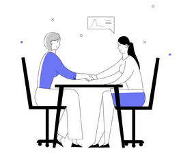 Business Partners Women Handshaking Sitting at Table Face to Face. Partnership Concept of Businesspeople Meeting, Shaking Hands Agreement Negotiation. Cartoon Flat Vector Illustration Line Art Style
