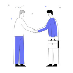 Business Partners Men Handshaking and Partnership Concept. Businesspeople Meeting for Project Discussion, Shaking Hands Agreement during Negotiation. Cartoon Flat Vector Illustration, Line Art Style