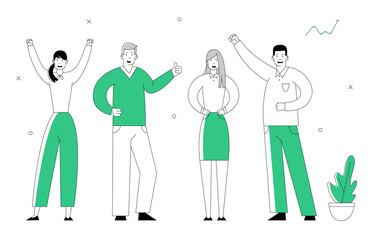 Joyful Business People Stand in Line. Managers Team Perfect Teamworking Group. Businessmen and Businesswomen Characters Creative Office Employees. Cartoon Flat Vector Illustration in Line Art Style