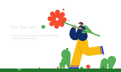 Running man with a bouquet of flowers. Vector illustration flat design. Use in Web Project and Applications.