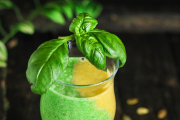 Smoothie, banana, avocado, chia seeds and more are healthy food concept. food background. top view