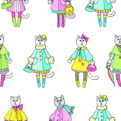 Vector seamless pattern with pretty cat girls in nice clothes.