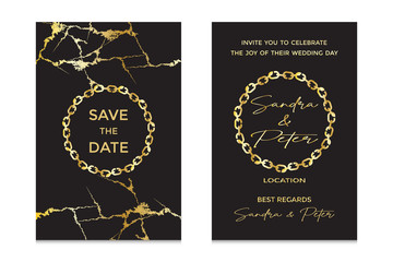 Luxury Wedding invitation cards with gold and marble texture, background and Abstract vector element design. can use for wedding anniversary greeting.