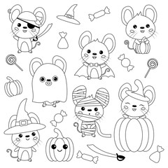 Vector set of Halloween mouse. Rats dressed up in costumes, witch, pirate, ghost, vampire and mummy. Coloring page for children. Cartoon kawaii characters. Sweet and candies. Trick and treat.