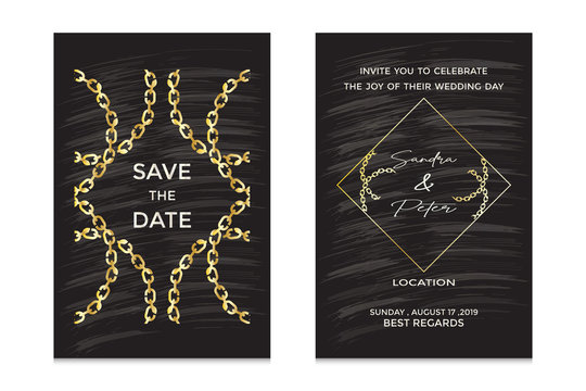 Luxury Wedding invitation cards with gold and marble texture, background and Abstract vector element design. can use for wedding anniversary greeting.