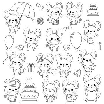 Coloring page for kids. Vector set of cute kawaii cartoon mice. Mouse with birthday cake, gift, umbrella, in cup, balloon and cheese. Valentines day. Outline characters.