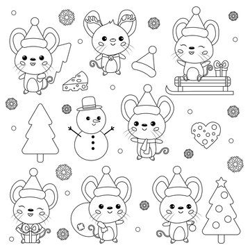 Vector set of New Year symbol - rat. Cute cartoon kawaii mouse characters. Christmas theme. Coloring page for kids. Outline rodent. Winter collection.