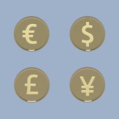 Gold coins with world currency signs isolated on a blue background, 3d render. 