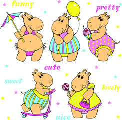 Vector set with pretty funny hippo girls wearing summer clothes. Lettering