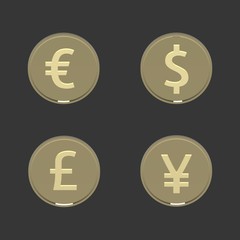 Gold coins with world currency signs isolated on a dark background, 3d render. 