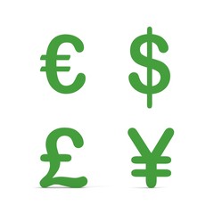 Green world currency signs isolated on a white background, 3d render. 