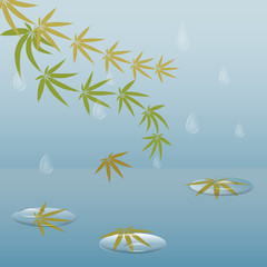 Fototapeta na wymiar Autumn, rain, drops, puddles, autumn leaves - gray-blue background- abstract illustration - vector. Good mood in rainy weather. Branches and leaves of hemp.