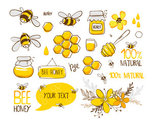 Fototapeta Set of bee, honey, lettering and other beekeeping illustration. Vector EPS10. obraz