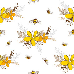 Cute seamless pattern with flying bees. Vector illustration EPS10.