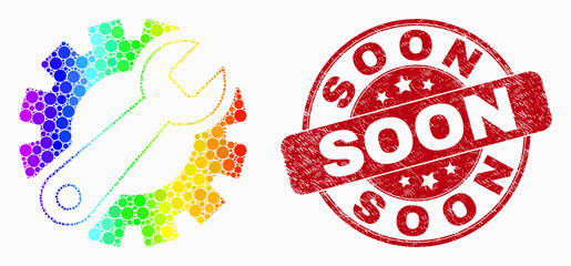 Dot bright spectral gear tools mosaic icon and Soon seal. Red vector round scratched seal stamp with Soon text. Vector composition in flat style.