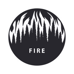 Flames, forest, taiga - black - white round icon - isolated - vector. Environmental Protection. Fiery element.
