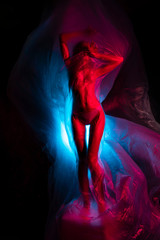 Slim girl dressed in underwear emotionally posing, wrapped in fluttering in the wind and fitting her graceful young body cellophane film, in blue and red light. Artistic, creative, abstract design