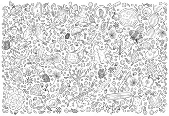 Fototapeta premium Doodle Science vector illustration . Biology and Biotechnology set. Hand Sketches on the theme of Zoology, Botany, Anatomy on white background.