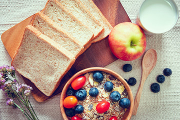 Breakfast Healthy  Vegetarian Food With Milk, Bread, Granola and Fresh Fruits on The Table., Delicious Menu in The Morning, Diet Eating and Healthcare Concept.