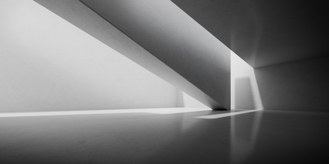 Abstract of concrete interior space with sun light cast the shadow on the wall and floor,Geometric design,Perspective of brutalism  architecture,3d rendering	