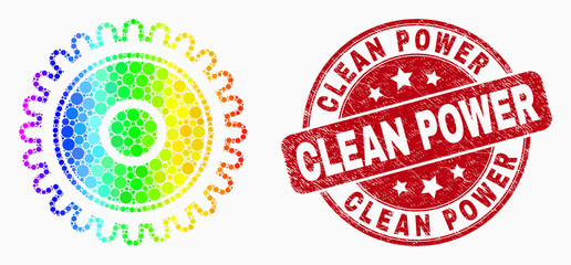 Dot rainbow gradiented cog mosaic pictogram and Clean Power seal stamp. Red vector rounded distress seal with Clean Power phrase. Vector composition in flat style.