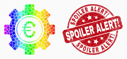 Dot rainbow gradiented euro gear mosaic icon and Spoiler Alert! seal stamp. Red vector rounded textured seal stamp with Spoiler Alert! message. Vector combination in flat style.