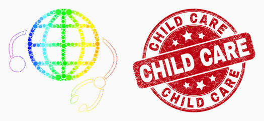 Dot rainbow gradiented global medical service mosaic pictogram and Child Care seal. Red vector rounded scratched seal stamp with Child Care caption. Vector combination in flat style.