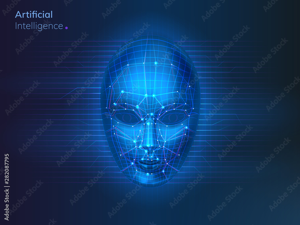 Poster Artificial intelligence or robot face with dots and lines. AI or cyber neural network connections near bionic or virtual human head. Futuristic visual concept. Science and machine, information