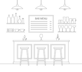 Bar interior in a linear style. Outline cafe with a bar. Vector illustration. Black-white pattern.