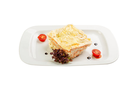 Lasagne on the white background