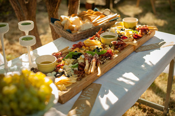 Reception. Board with snacks. Various cheeses, jamon, grissini