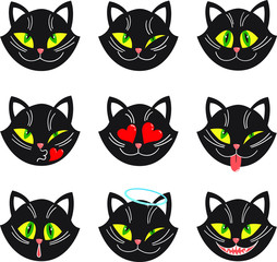 Vector set with pretty black cats with positive emotions.