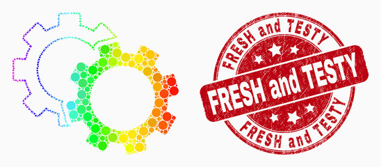 Obraz premium Dot spectral cogs mosaic pictogram and Fresh and Testy seal stamp. Red vector rounded scratched watermark with Fresh and Testy message. Vector collage in flat style.