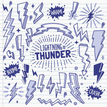 Lightning and Thunder Design elements. Vector Doodle Illustration Set in Ballpoint Pen Style.